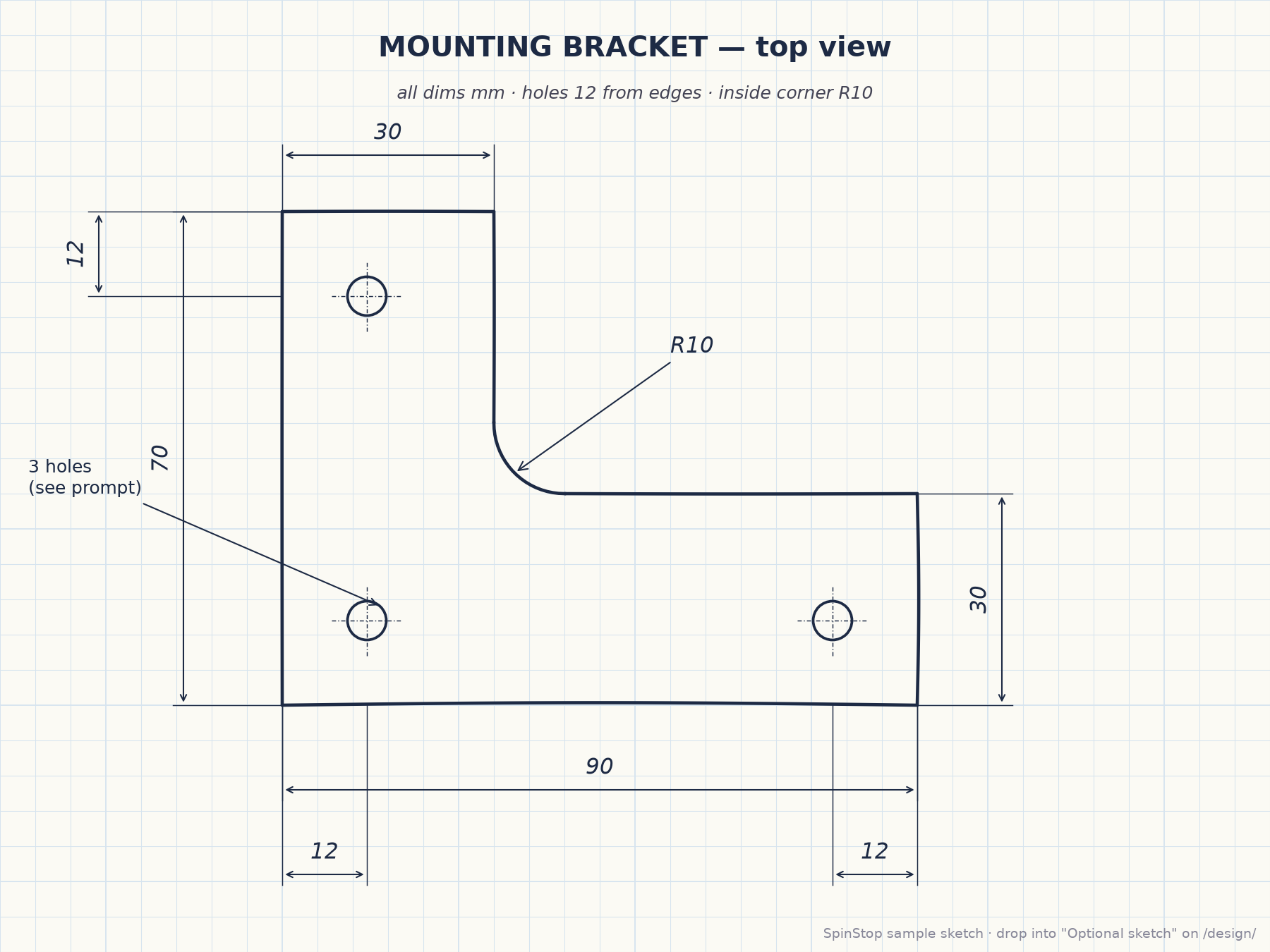 Dimensioned sketch of an L-shaped mounting bracket